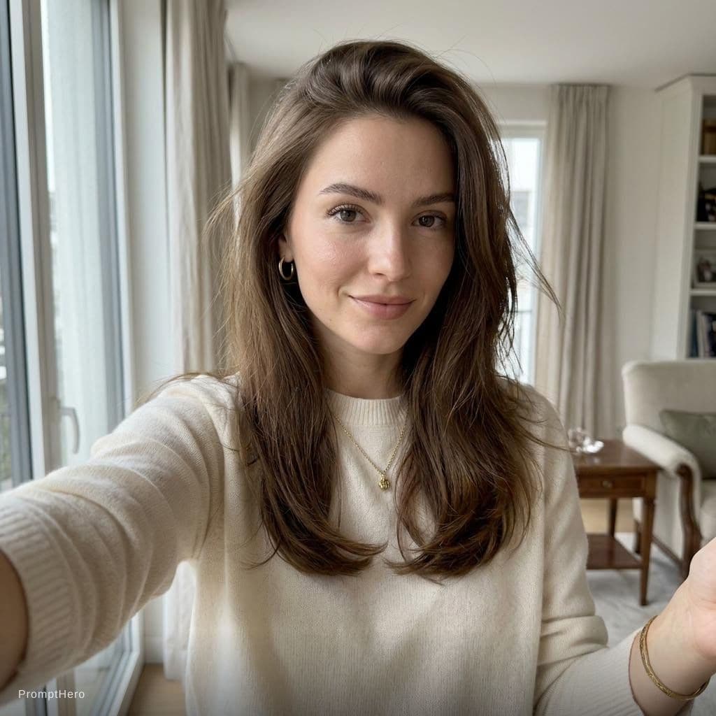 AI generated: Ultra realistic selfie photo, beautiful young woman in old money aesthetic, holding smartphone in ha...