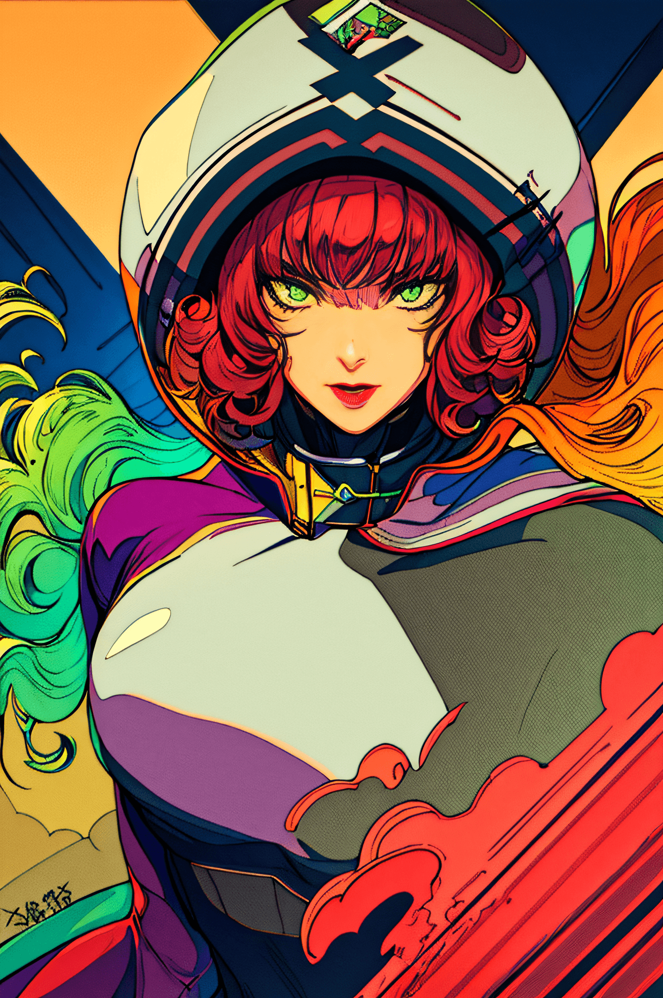 AI generated: masterpiece, best quality, 1girl, red lips, solo, green eyes, green and yellow body suit, curly hair...
