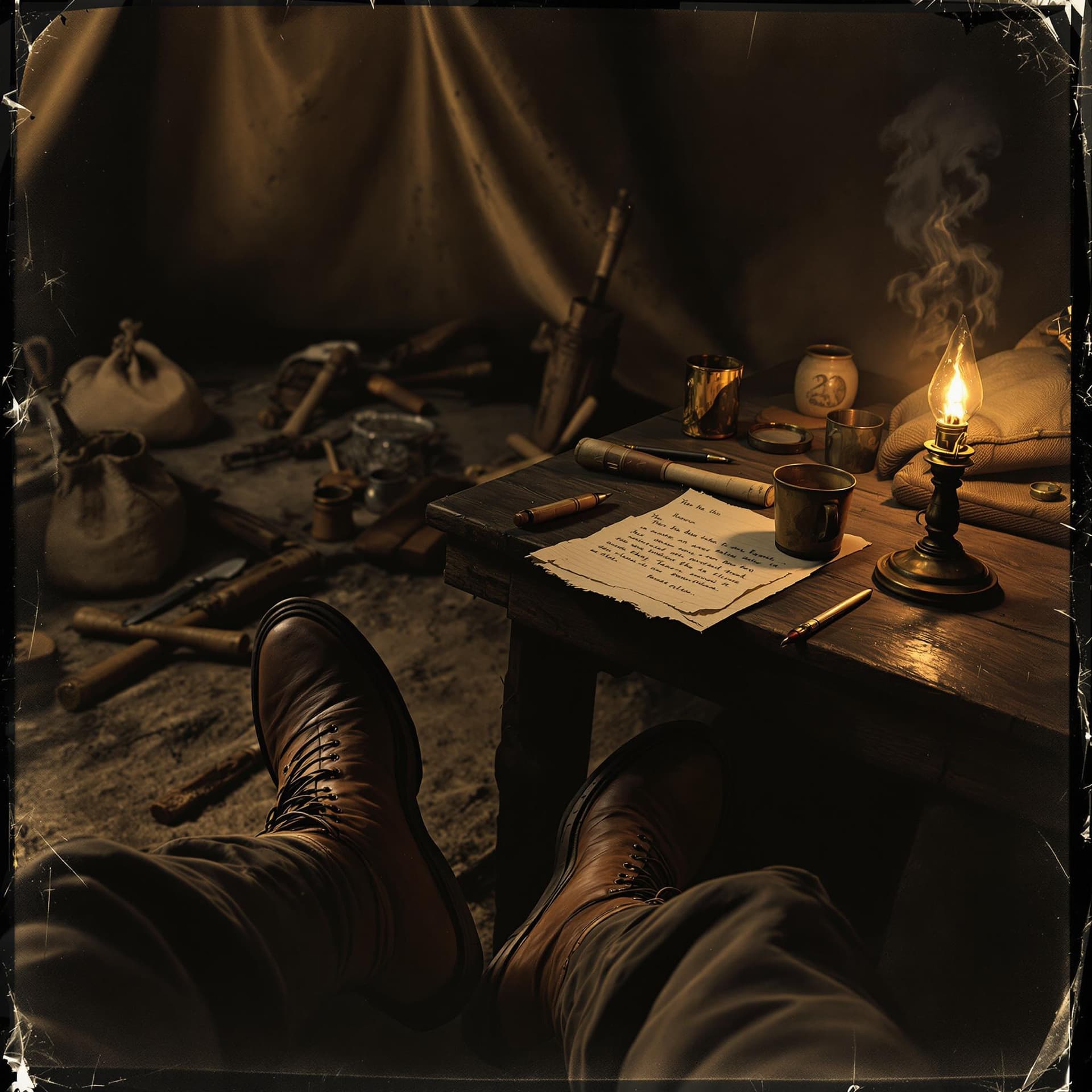 AI generated: first person POV, crossed boots near rough-hewn wooden table, 1849 prospector's tent interior, flick...