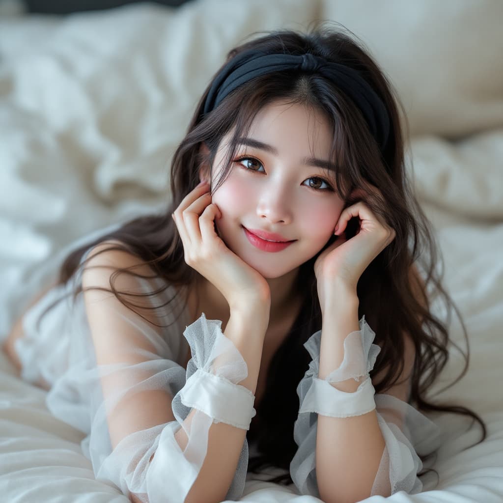 AI generated: Cute, pretty Korean girl with long hair wearing a transparent shirt , total body, no bra and black h...