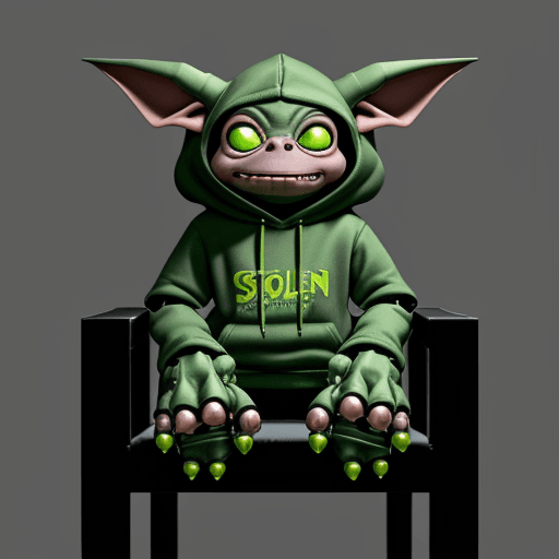 AI generated: A cartoon goblin robot with a lazy and reticent demeanor. It has a slouched posture, with its arms a...