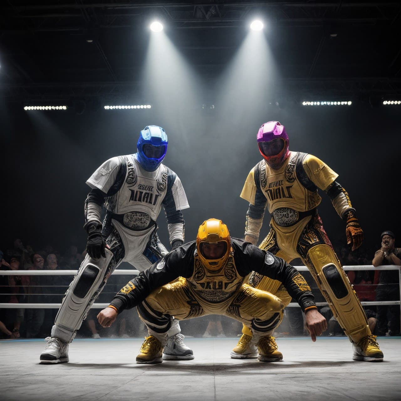 AI generated: epic realistic, three colorfull robots dancing breakdance, breakdance battle, acrobatics, colorfull ...