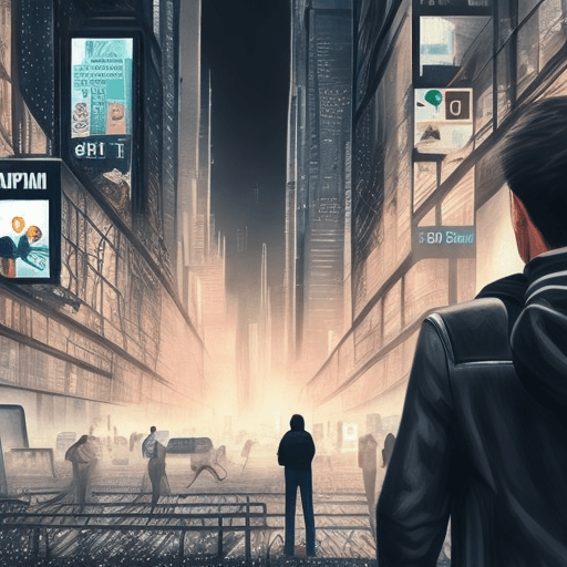 AI generated: man holding smartphone, busy city, dystopian