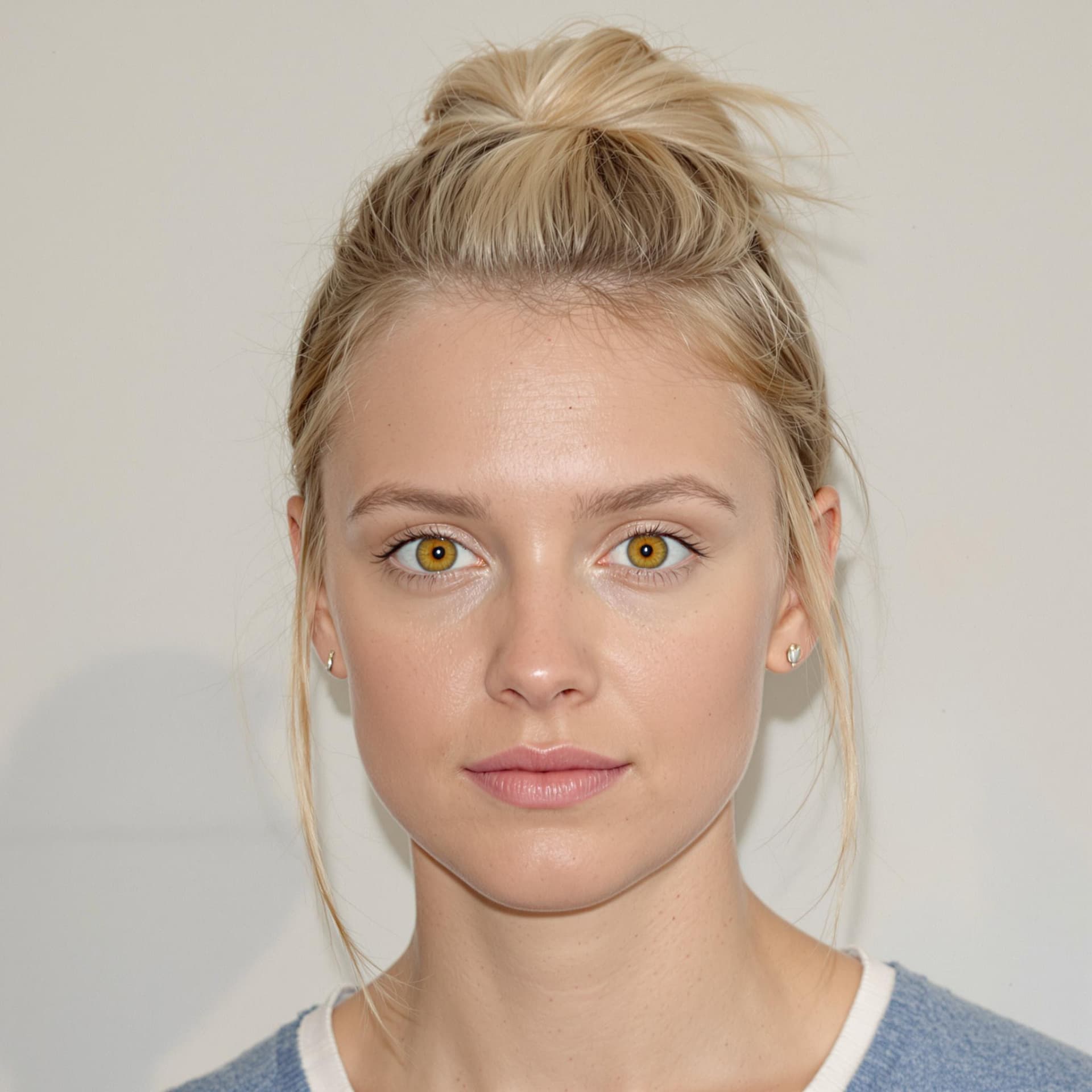 AI generated: A Real photograph of a blond women in her 20s, her hair is short with a small bun. She has yellow ey...