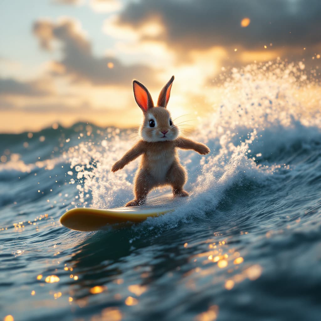 AI generated: photorealistic 32k, baby bunny surfing a wave, cinematic lighting, sunset 