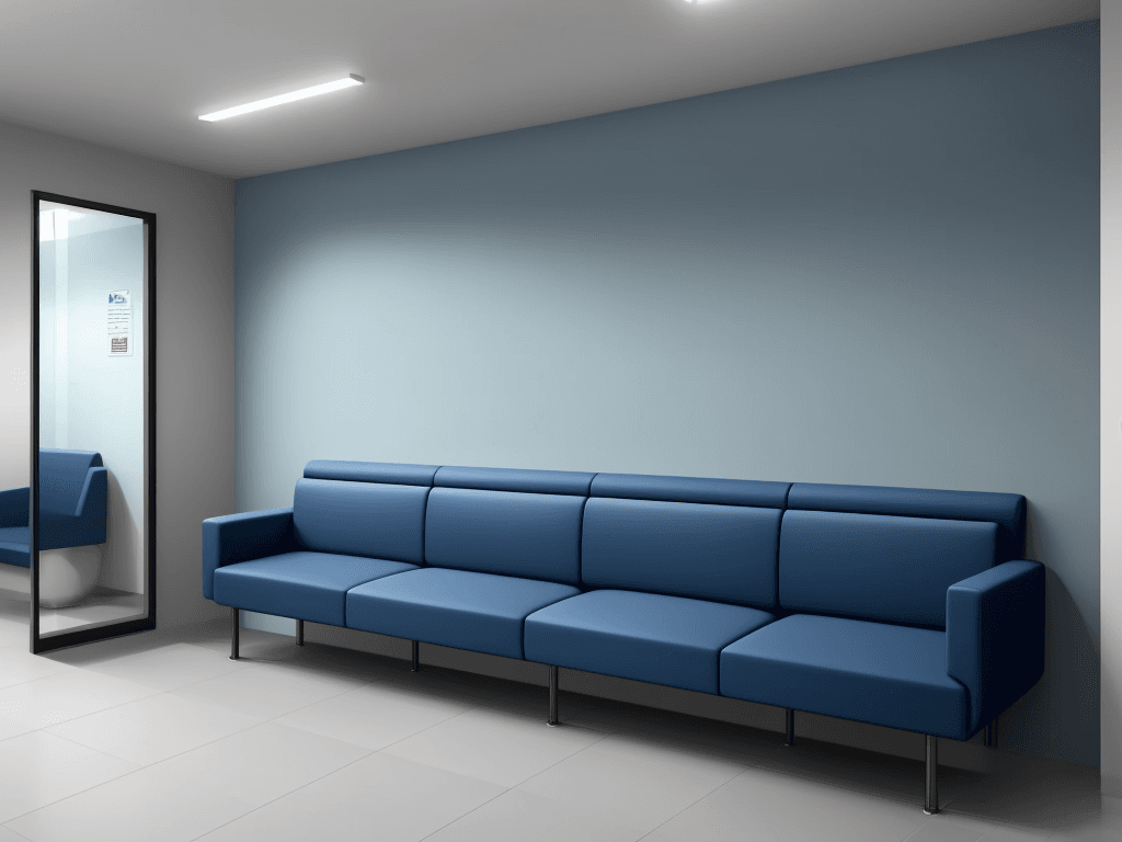 AI generated: medium rest room, in a blue tone, with sofa and bench with coffee, simple corporate environment, tel...