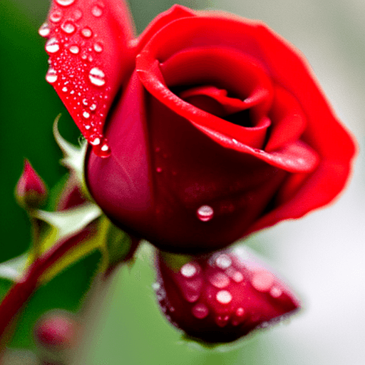 AI generated: lonely baby red rose bud with dew drops