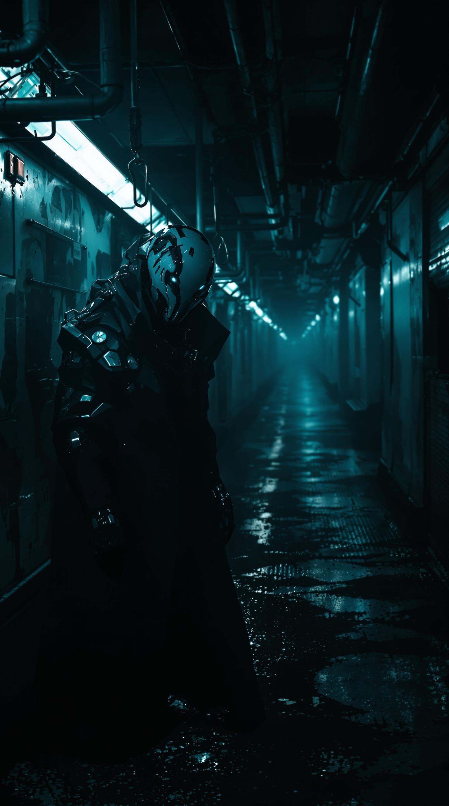 AI generated: Cyborg version of Ghost Face in a dark haunting subway in New York, moody atmosphere, cinematic, ult...