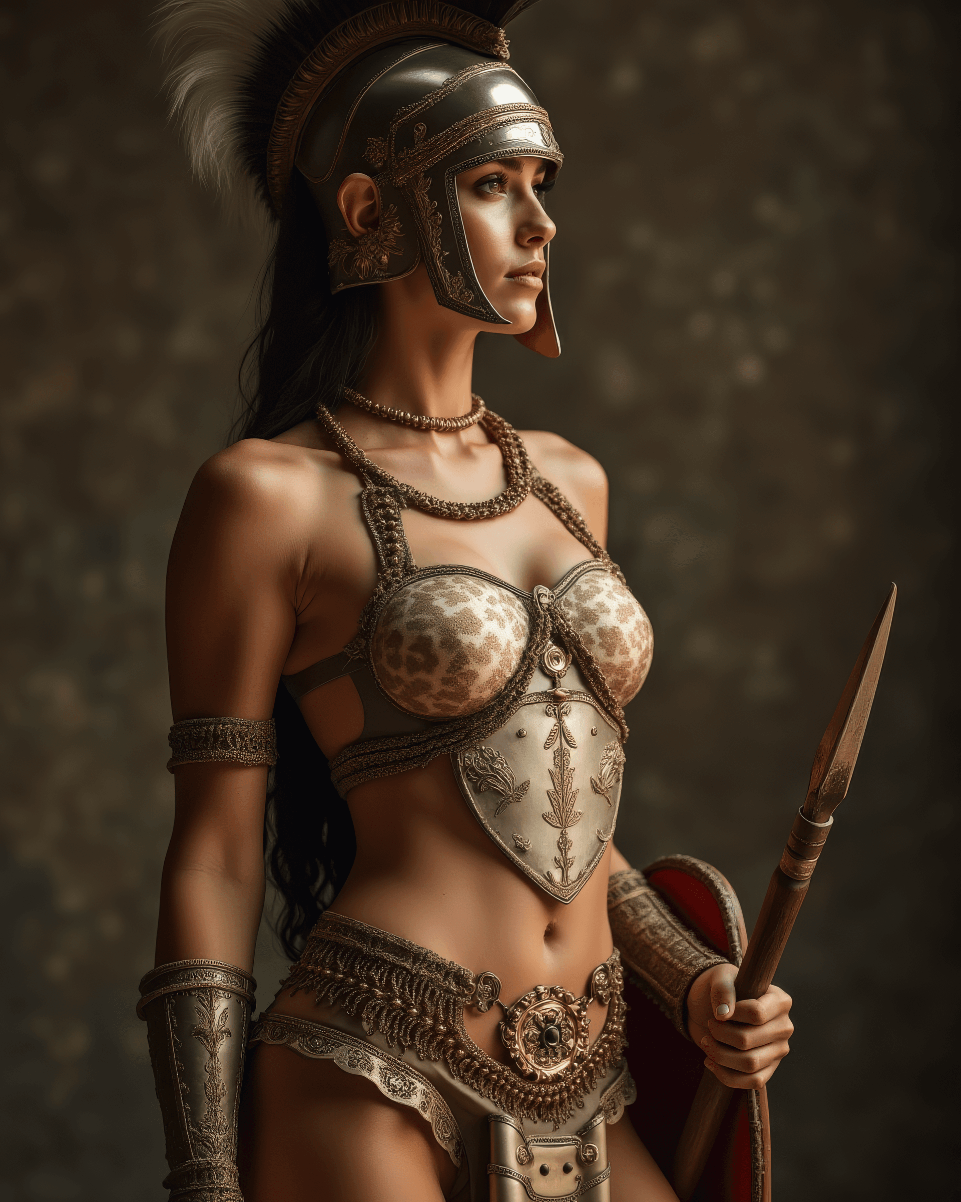 AI generated: Spartan women in body-hugging undergarments adorned with intricate gold embroidery. The garments are...