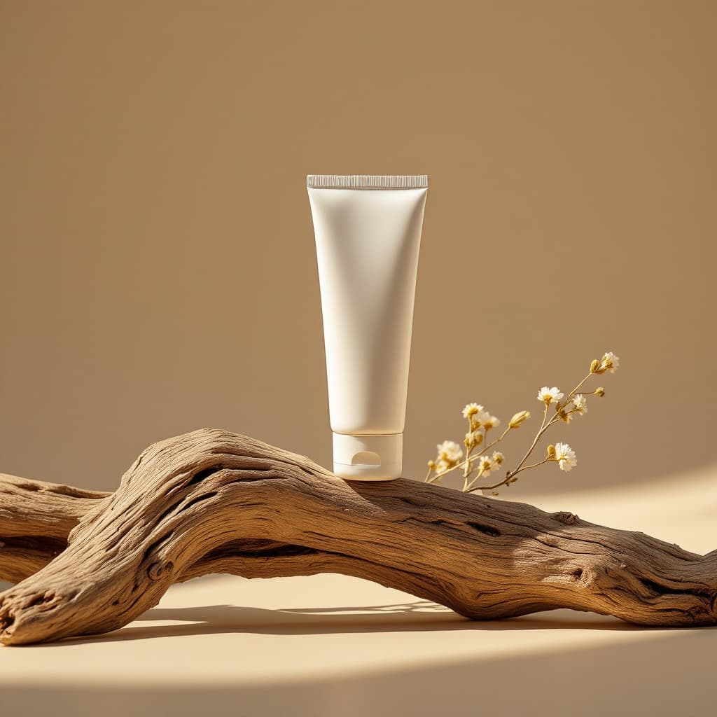 AI generated: A perspective shot of product photography, in muji style, a white skinny cream tube on top of an old...