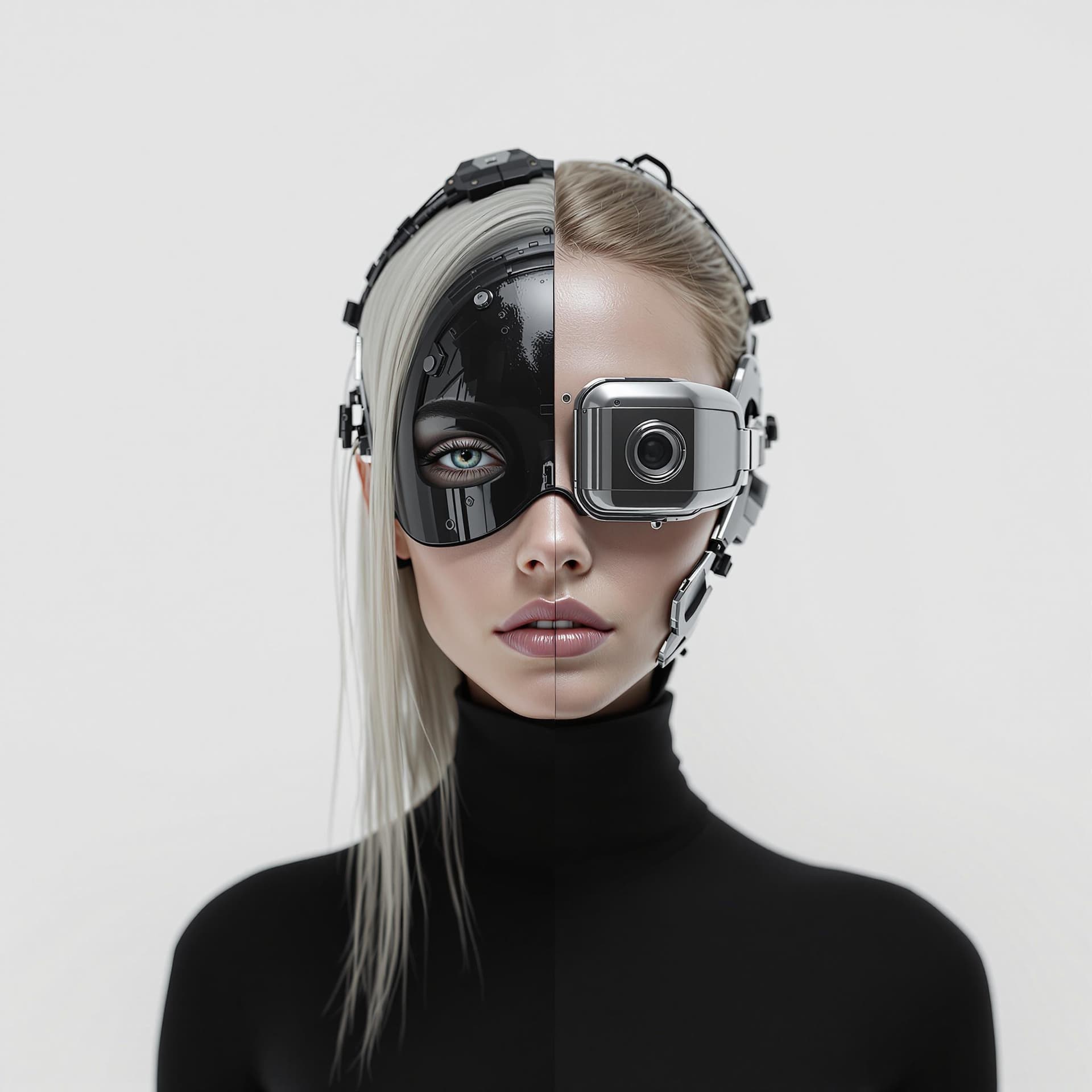 AI generated: A woman with half of her face covered in black plastic, and the other side is made up in the style o...