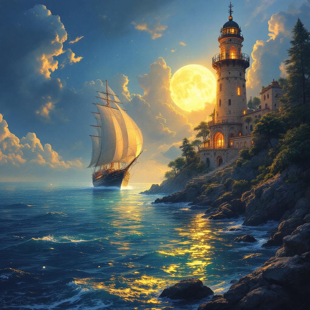 AI generated: The grand ship drifts through this magical paradise, guided by the golden lighthouse