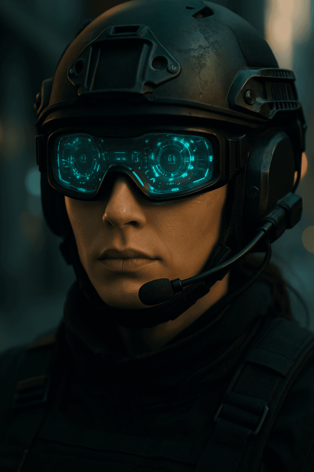 AI generated: A cinematic close-up portrait of a serious woman with striking green eyes, wearing a futuristic blac...