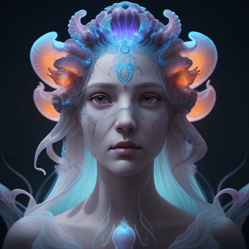 AI generated: Goddess close-up portrait ribcagel. jellyfish phoenix head, nautilus, orchid, skull, betta fish, bio...