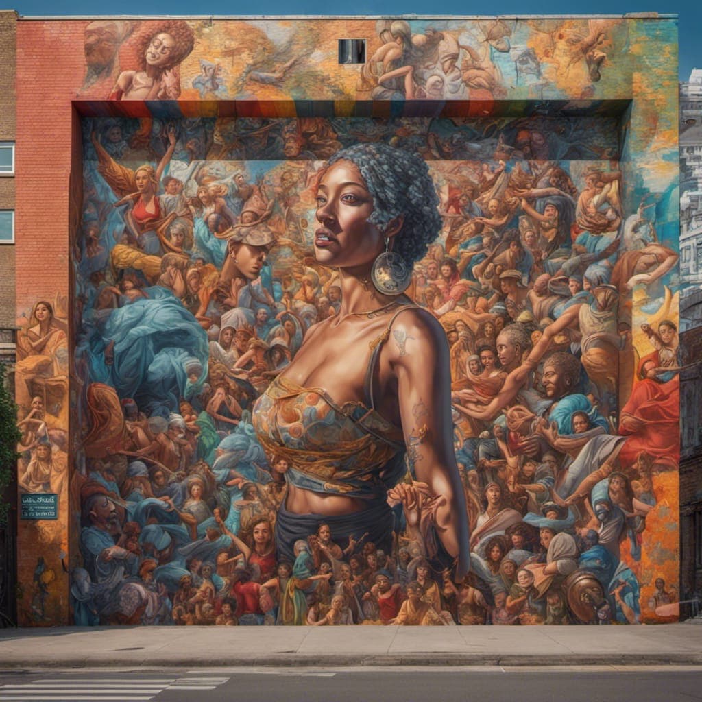 AI generated: a full wide view of a mural that spans an entire city block, showcasing the beauty of cultural diver...