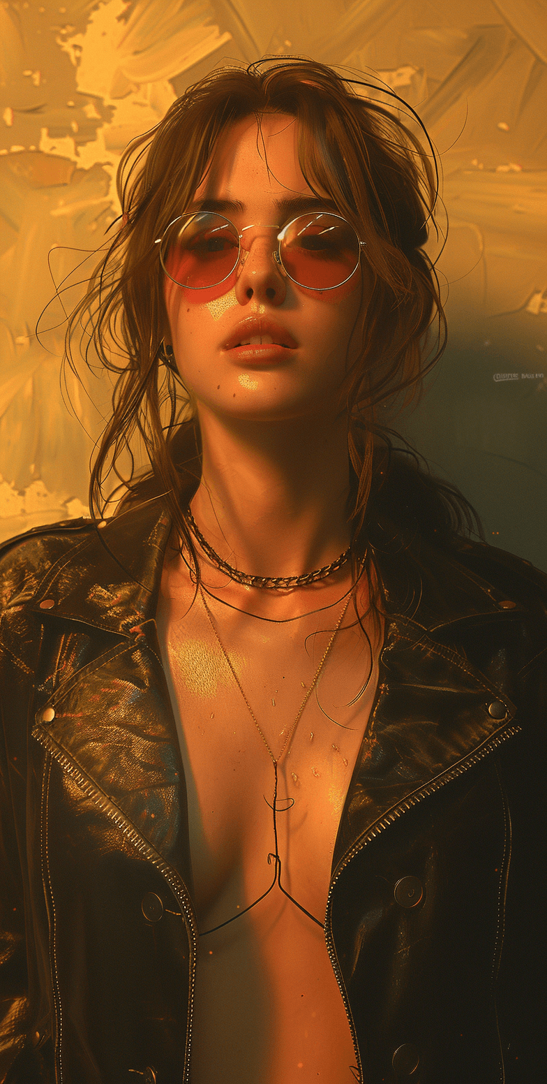 AI generated: photo of a woman wearing sunglasses and a black leather jacket, in the style of digital painting, ch...