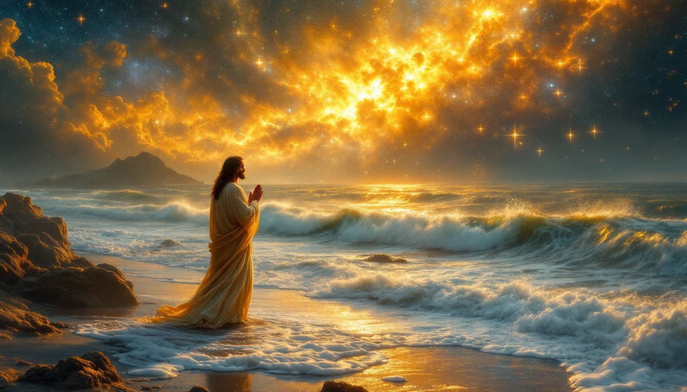 AI generated: 
jesus  in golden . walking beside ocean  is in serenity , in prayer position , nebula in golden col...