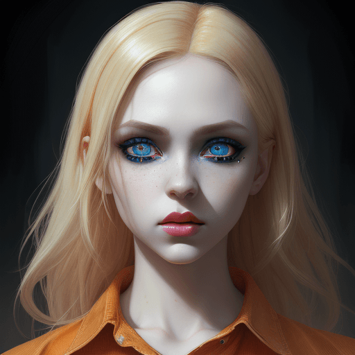 AI generated: Dynamic dark art, half body portrait, seductive pose, blond hair, pale skin, highlights in big eyes,...