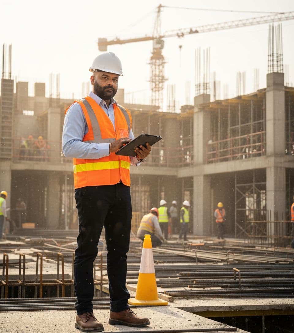 AI generated: A professional site engineer is standing at an active construction site during a routine site visit....