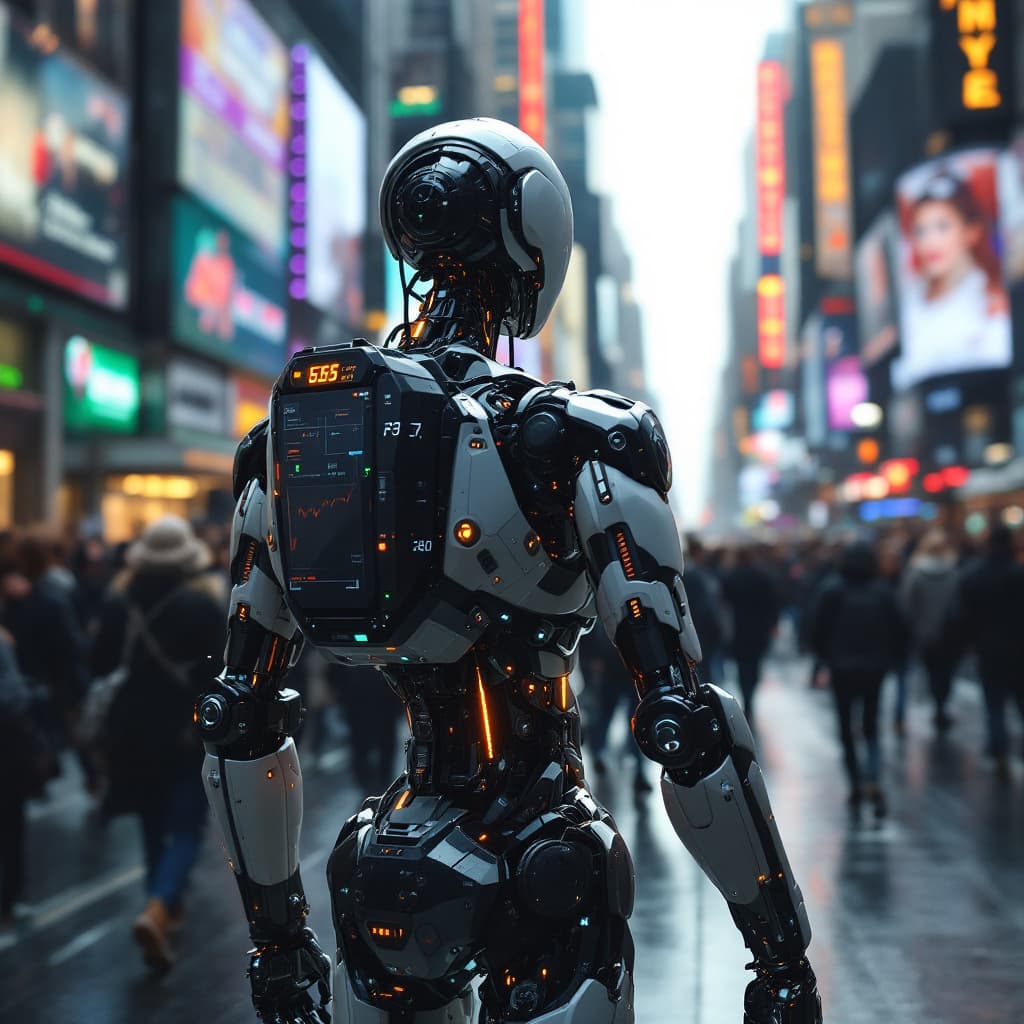 AI generated: a computer robot trading on wall street with lots of people walking