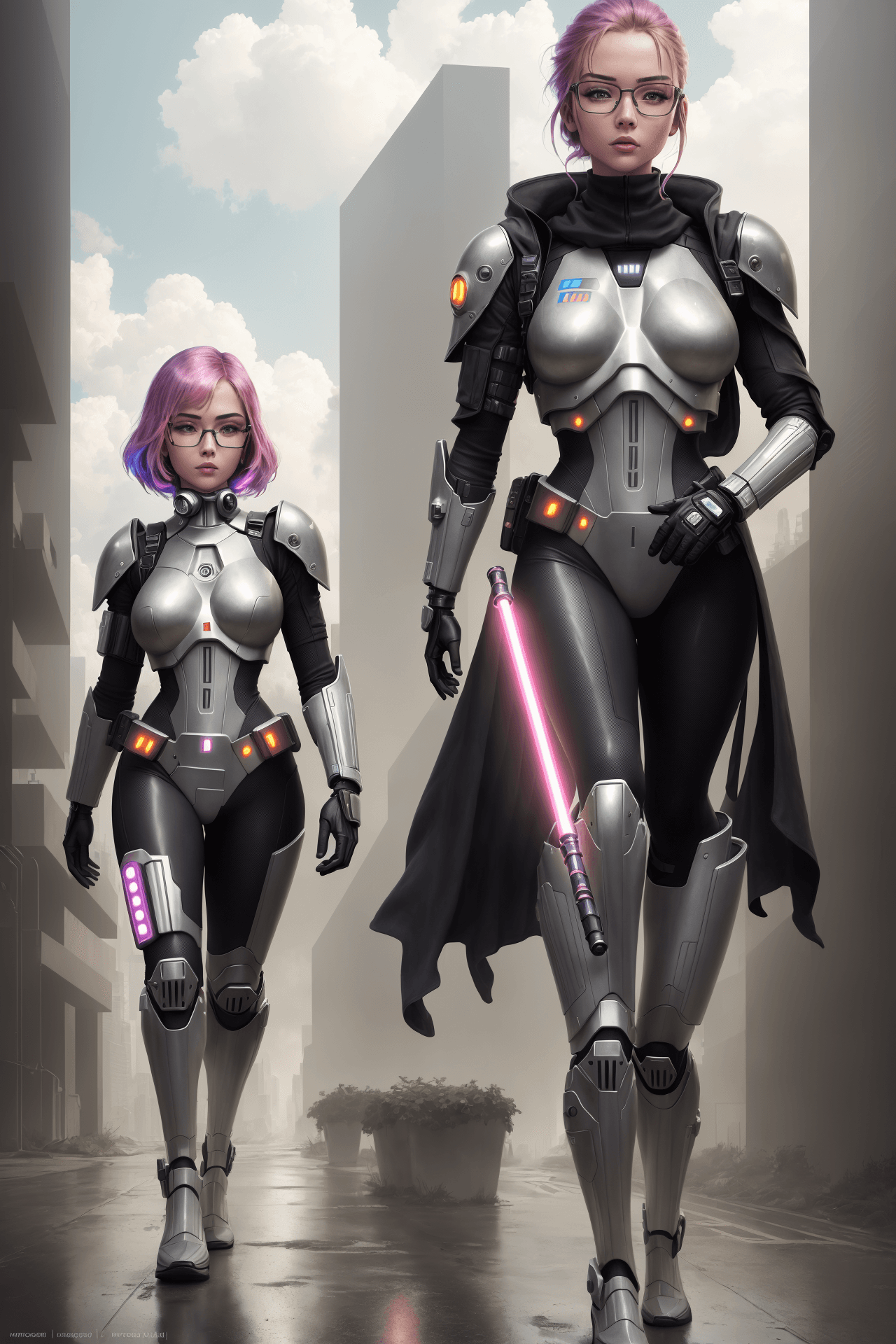 AI generated: (futuristic girl:1. 2), (plastic outfit:1. 2), (standing with glasses:1. 2), (realistic lighting:1. ...