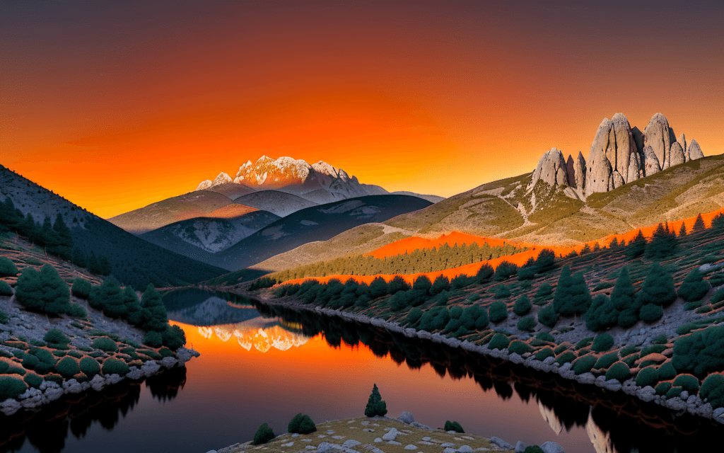 AI generated: The sun sets over the imposing mountains of the Sierra de Estrela in Portugal, painting the sky with...