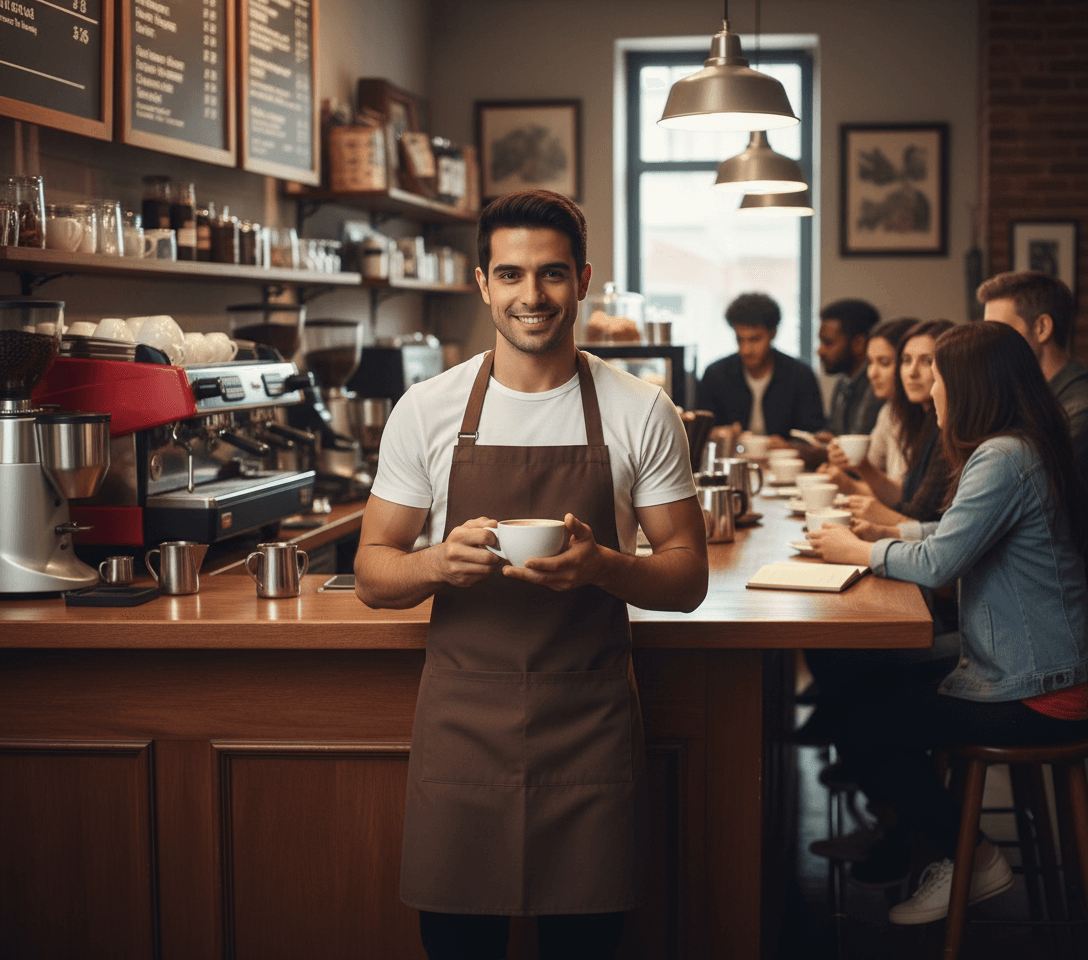 AI generated: Male Hispanic barista 5'2" tall, at a warm coffee shop behind the counter. The coffee shop is full o...