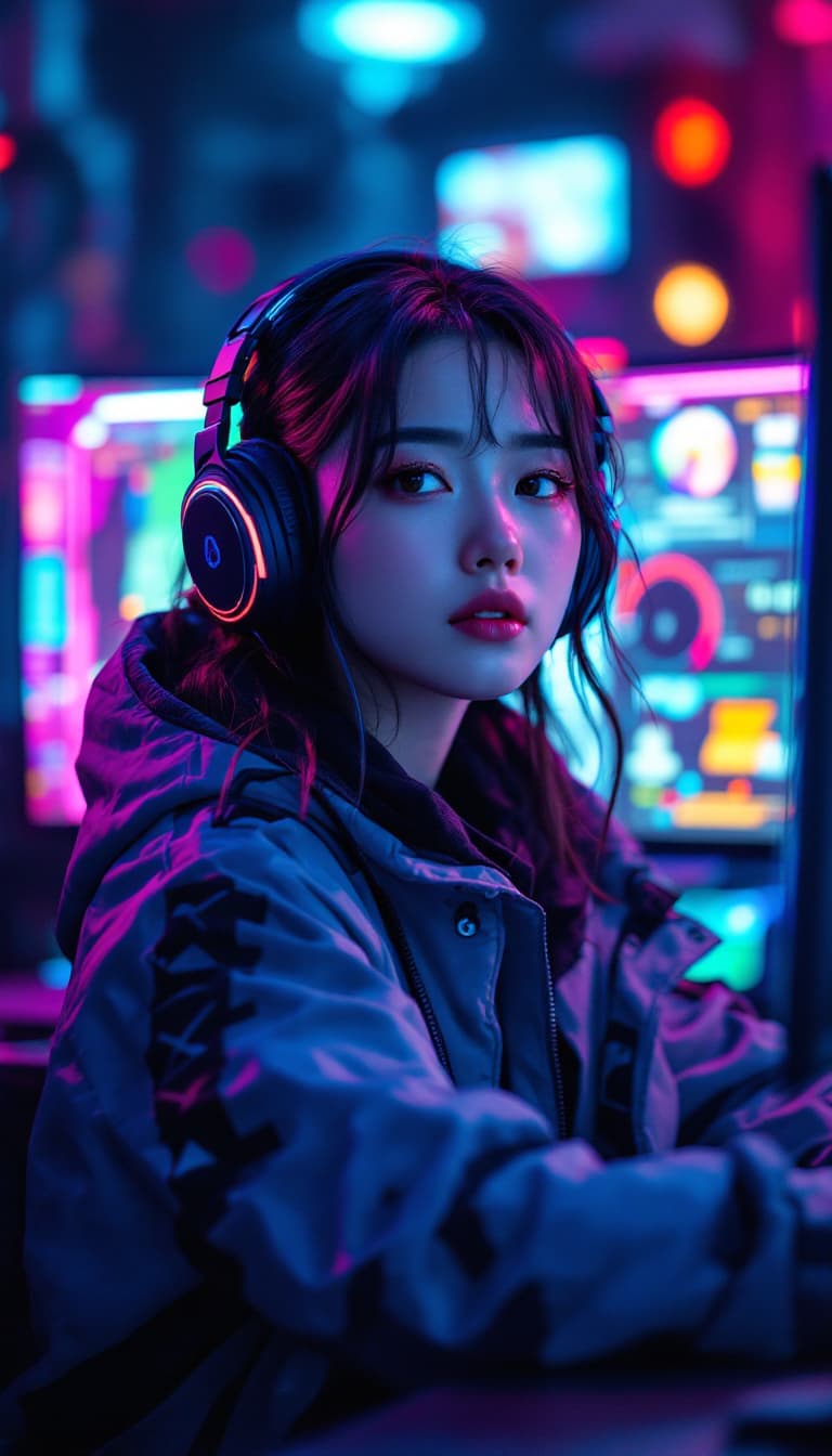 AI generated: A vivid and hyperrealistic portrait of a cutting-edge South Korean gamer. She’s positioned in front ...
