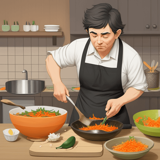 AI generated: 
making papaya salad with mortar, cartoon