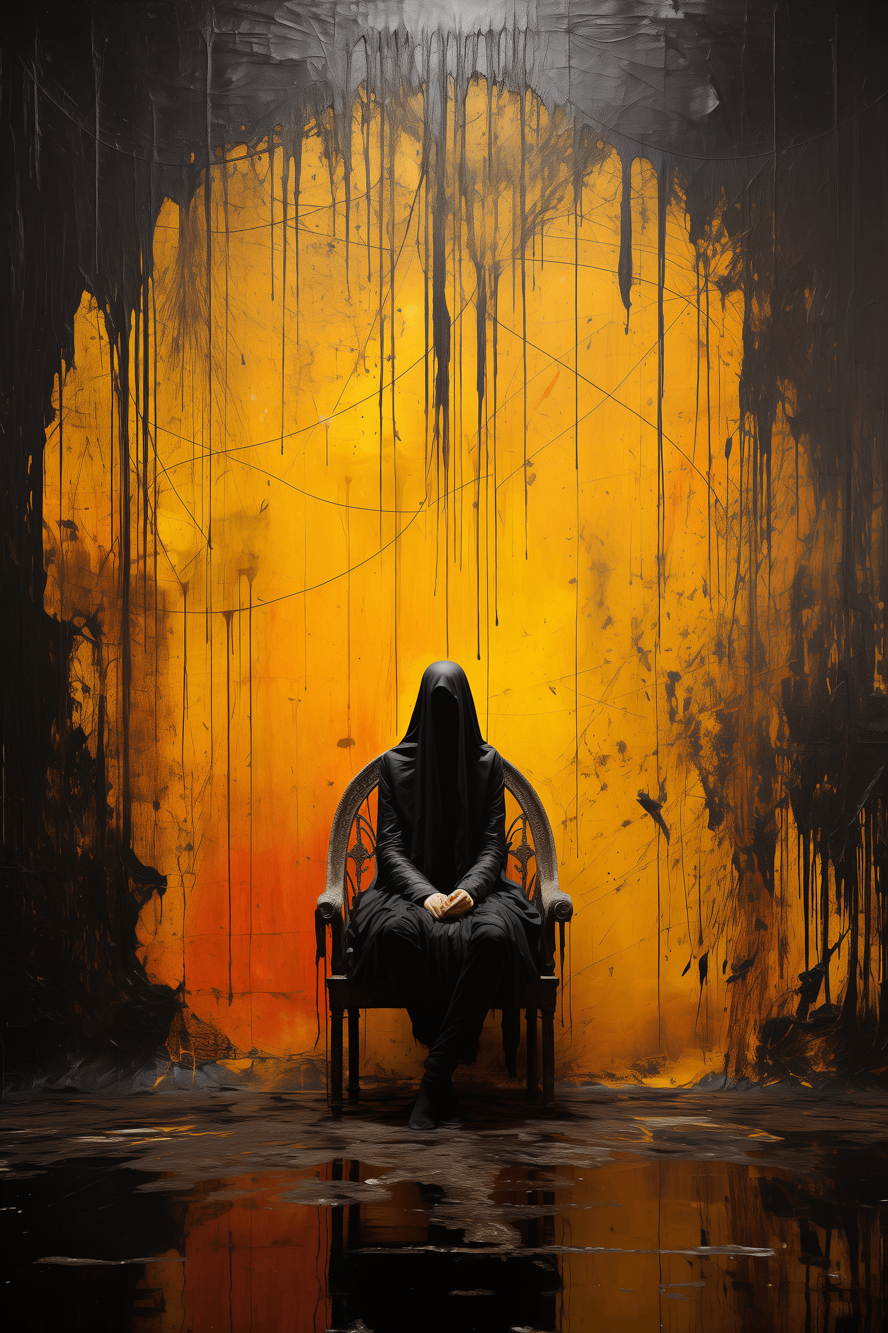 AI generated: abstract painting of evil witch sitting on a throne and looking at the straight throught the paintin...