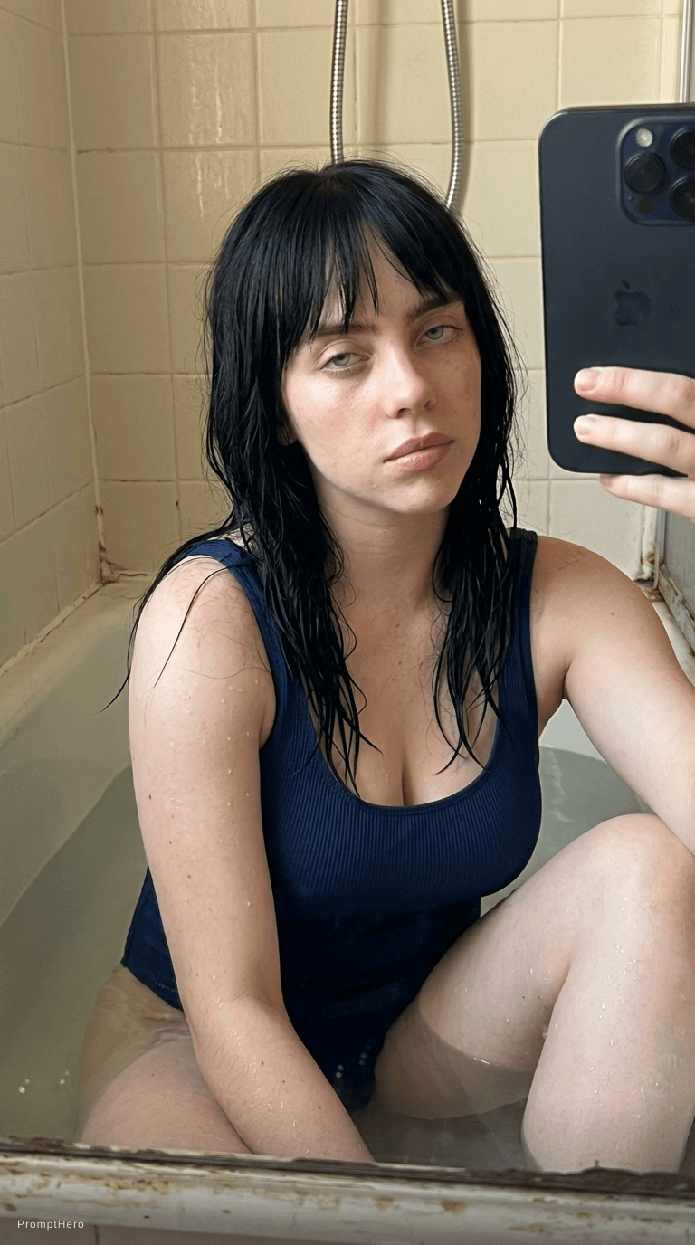 AI generated: Ultra realistic iPhone 14 selfie photo of a young goth girl sitting in a bathtub, handheld smartphon...