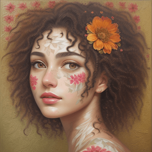 AI generated: detailed oil painting of beautiful of woman face, flower printed skin, flower patterns on face, stem...