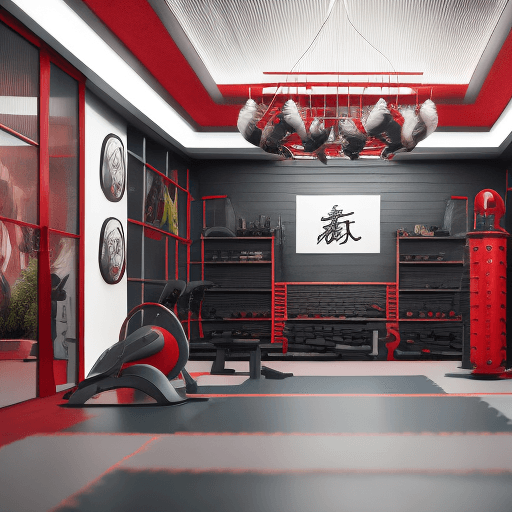 AI generated: architecture, martial arts gym, reception, red, white, golden and black painted, photo realism, high...