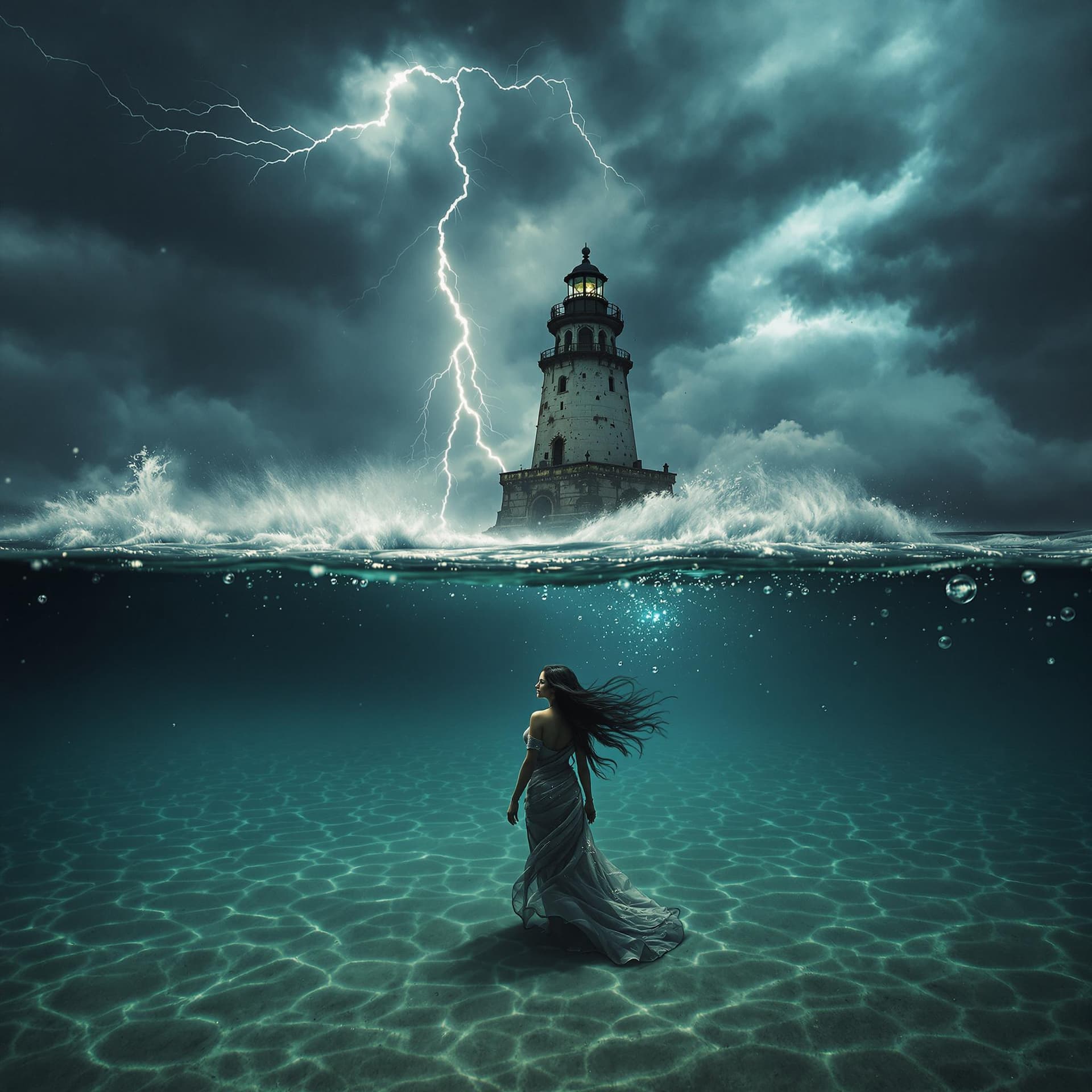 AI generated: A cinematic split-frame composition where the lens is half-submerged underwater. Half of the body is...