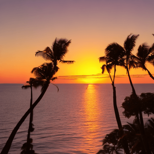 AI generated: color photo of a stunning sunset over the ocean, with an orange and pink sky, a glowing sun, and sil...