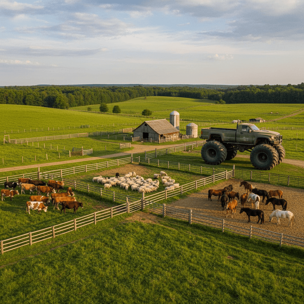 AI generated: A ranch with livestock, cattle, sheep and horses each in separate areas, and a huge green olive pick...