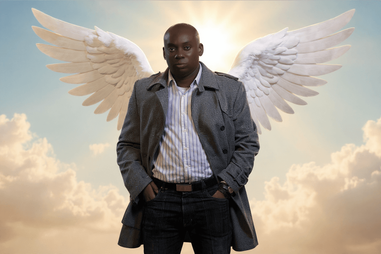 AI generated: A man wearing a gray coat, striped shirt, and jeans with extra large flowing angel wings, standing c...