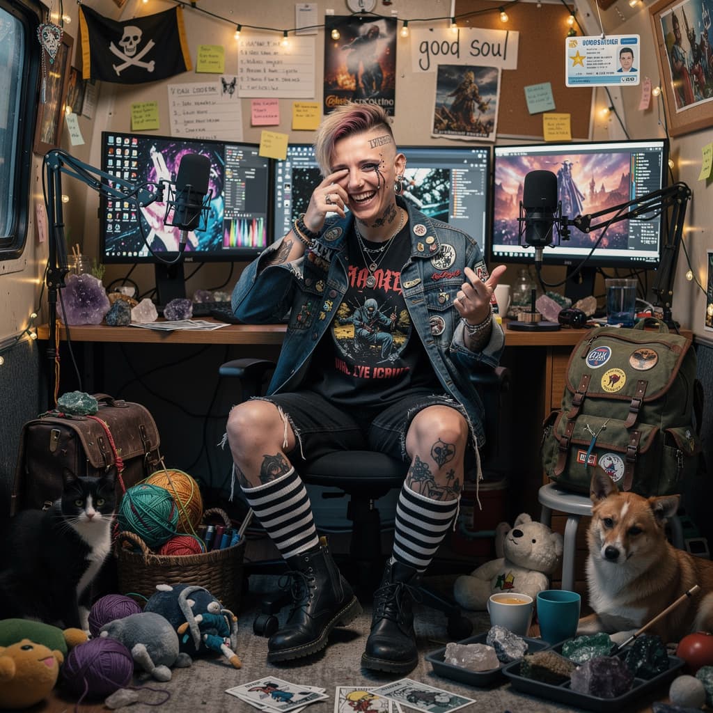 AI generated: A 36 year who is a gemini, mom, freelancer, chaos witch, crafter, streamer, hobo, punk, messy, adhd,...