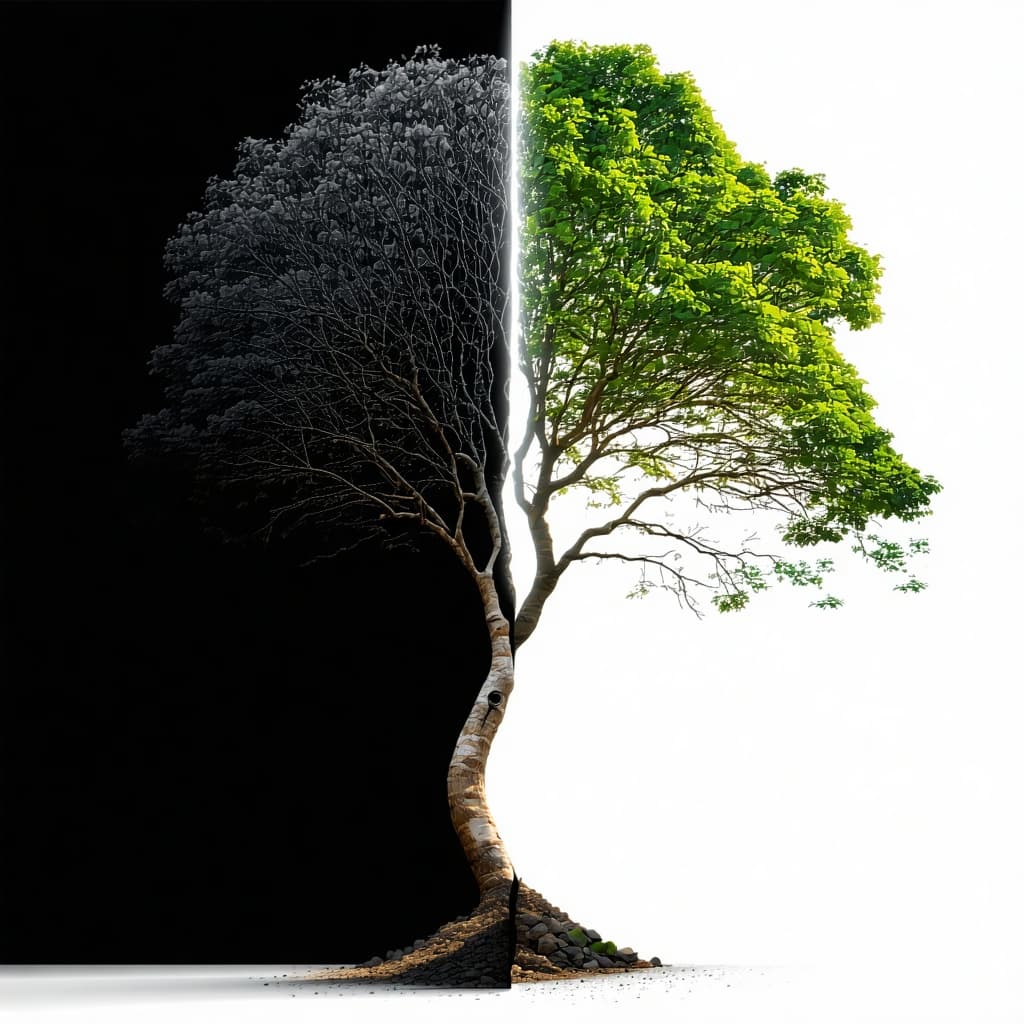 AI generated: photorealistic conceptual poster, single tree centered on pure white background, split vertically: l...