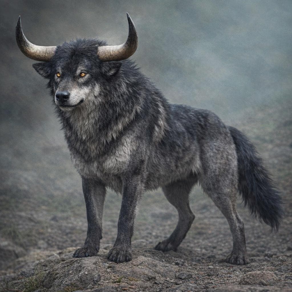AI generated: create a new creature that is a mix of a bull and Wolf