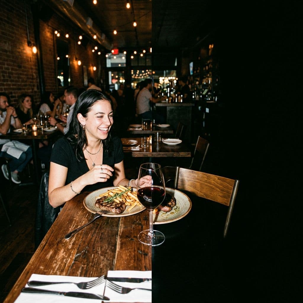 AI generated: restaurant interior with tables and chairs, photographed with harsh direct flash, urban nightlife re...
