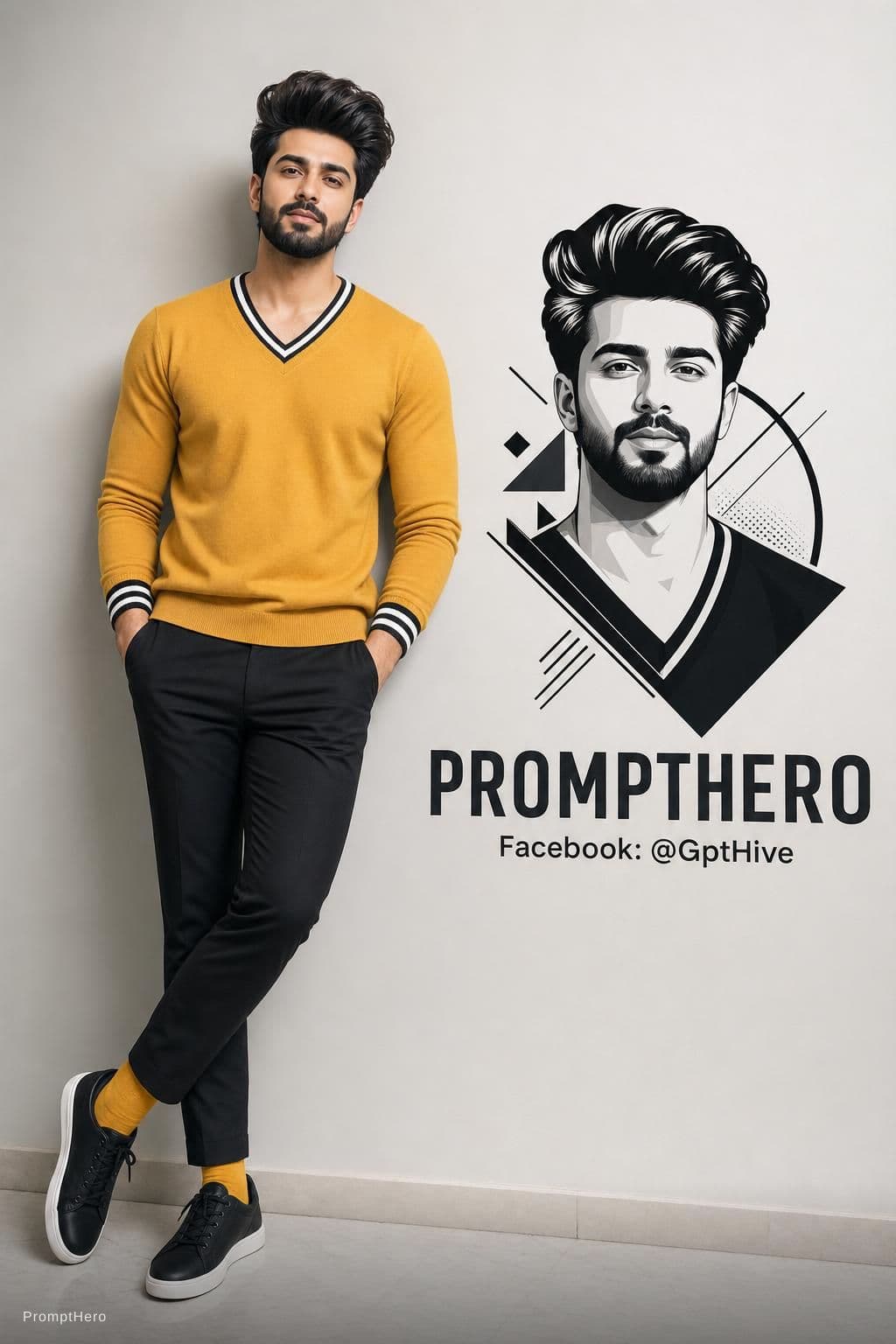 AI generated: Ultra-realistic 8K full-body portrait of a stylish young man leaning casually against a clean light-...