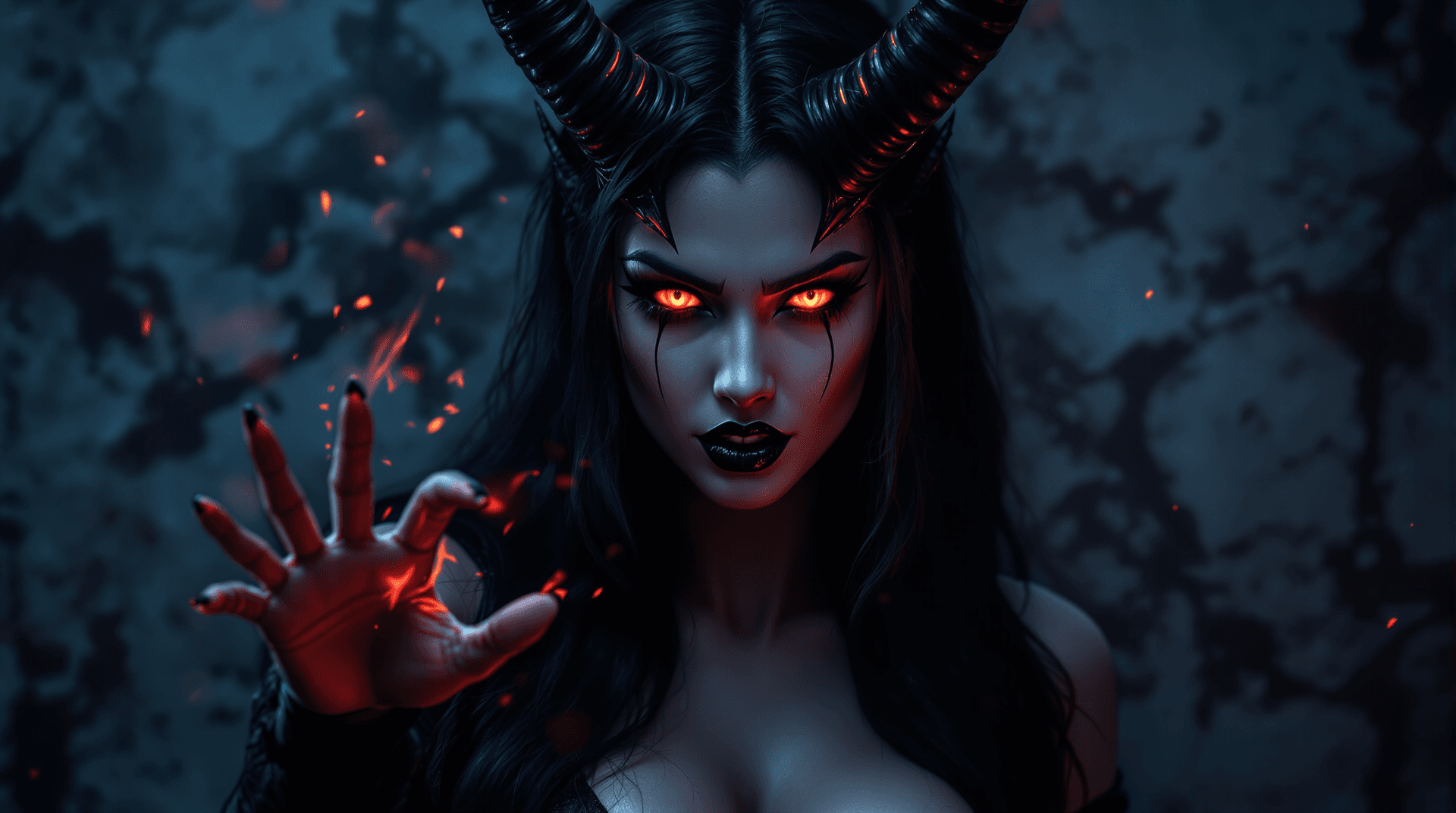 AI generated: fantasy picture: A seductive female demon in a dramatic portrait. Her face has sharp features with g...