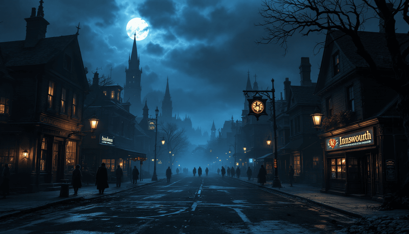 AI generated: Shadow over Innsmouth townscape, eerie atmosphere, several Innsmouth inhabitants on the sidewalks.  ...