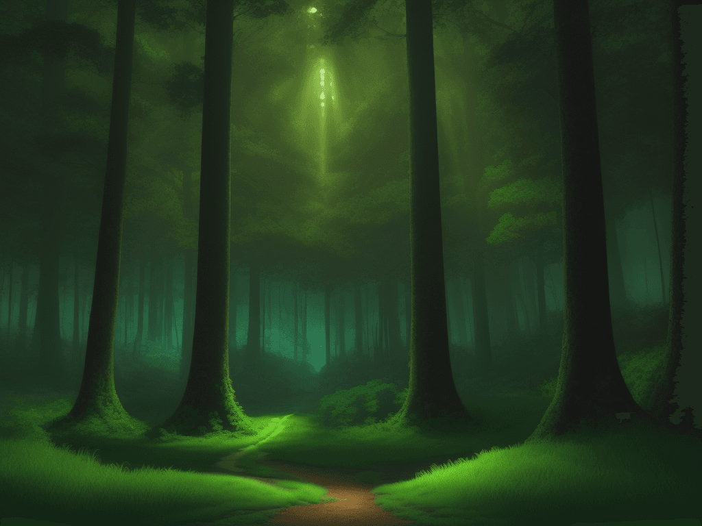 AI generated: Illustration of a view of a green forest. Forged background, retro 80s theme, Forge, Depth maps, Spo...