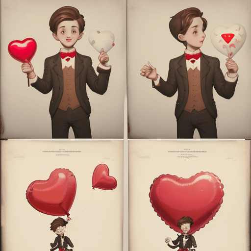 AI generated: a poster depicts a boy holding a heart shaped balloon, in the style of sketchfab, poodlepunk, warm t...