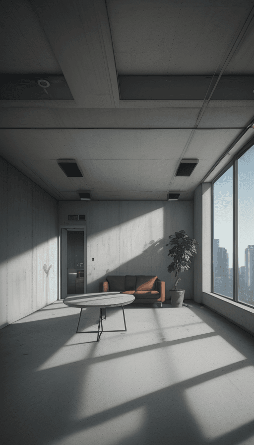 AI generated: social area with living room and table inside a building with a concrete wall and a window, and clos...
