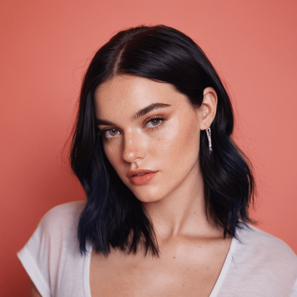 AI generated: Generate a hyper-realistic portrait of a beautiful white girl with neon black hair, light freckles, ...