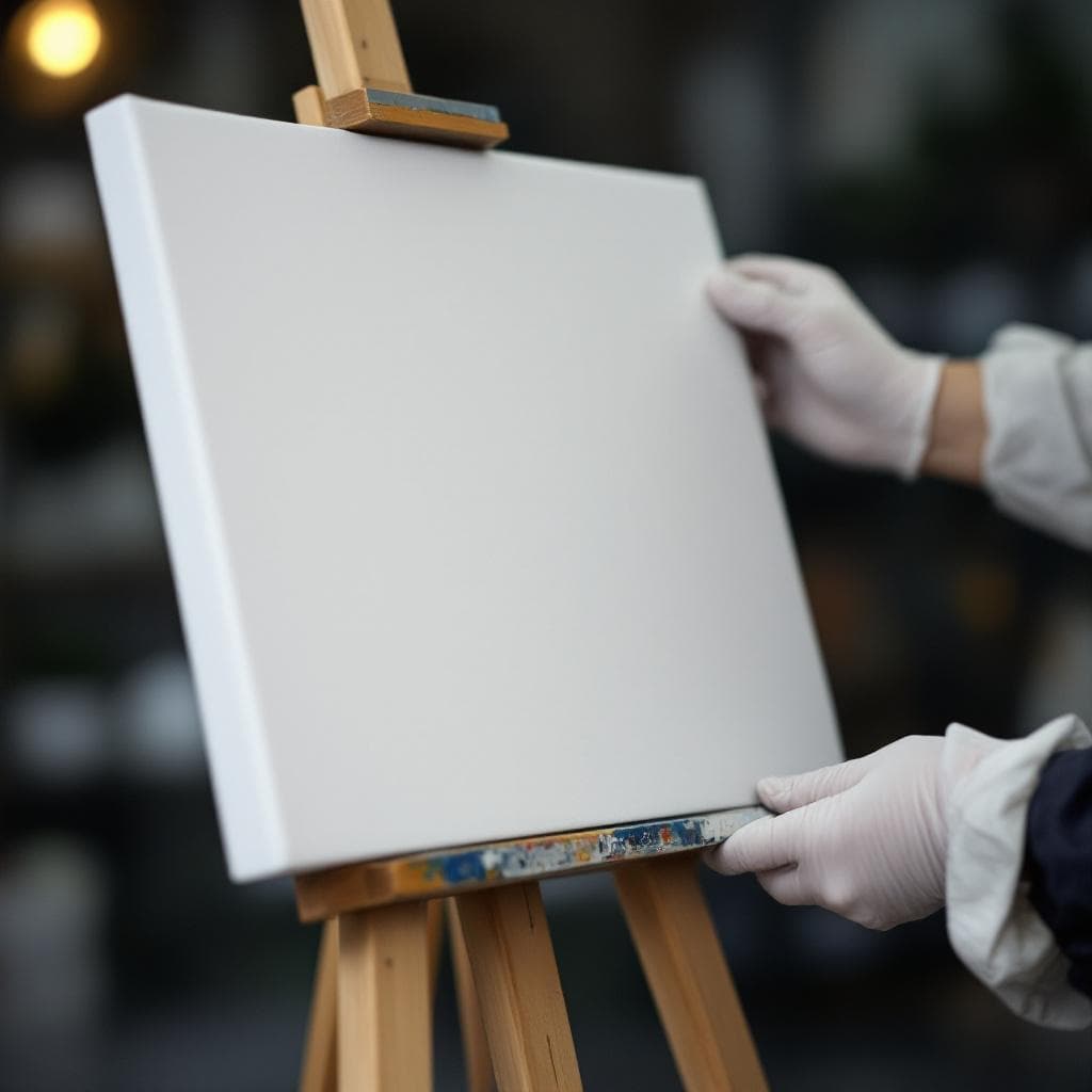 AI generated: close up of two hands whith white gloves holding the corner of a big blank paint canvas, blurred bac...