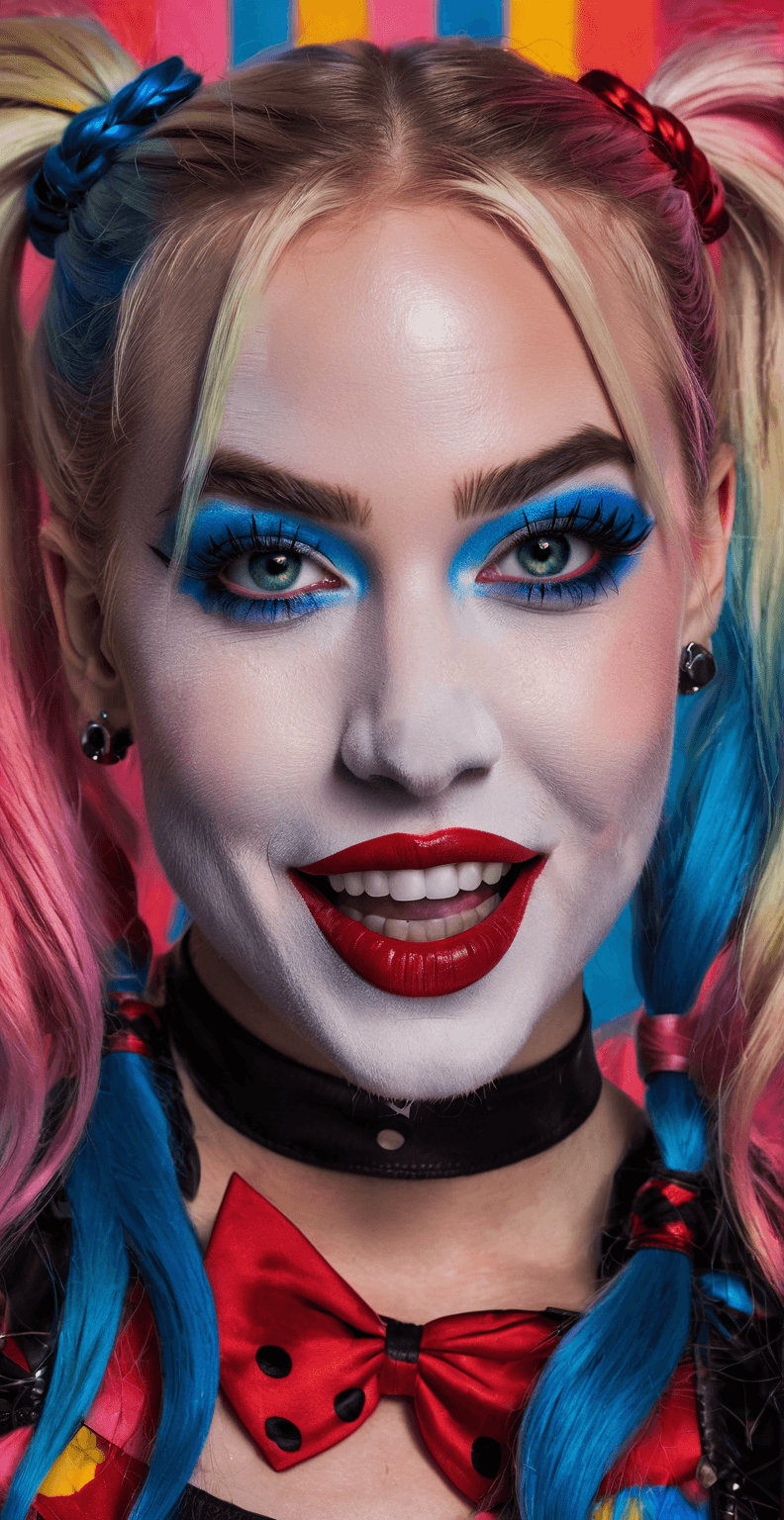 AI generated: Intense close-up portrait of Harley Quinn surrounded by vivid pops of chaotic color, intense focus i...